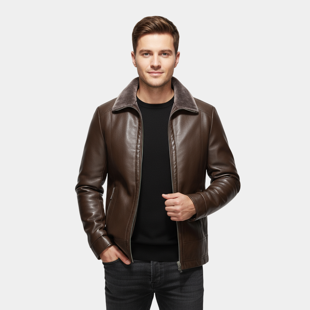 Men's Leather Biker Jacket with Fur Collar | Classic Motorcycle Outerwear for Riding and Casual Wear