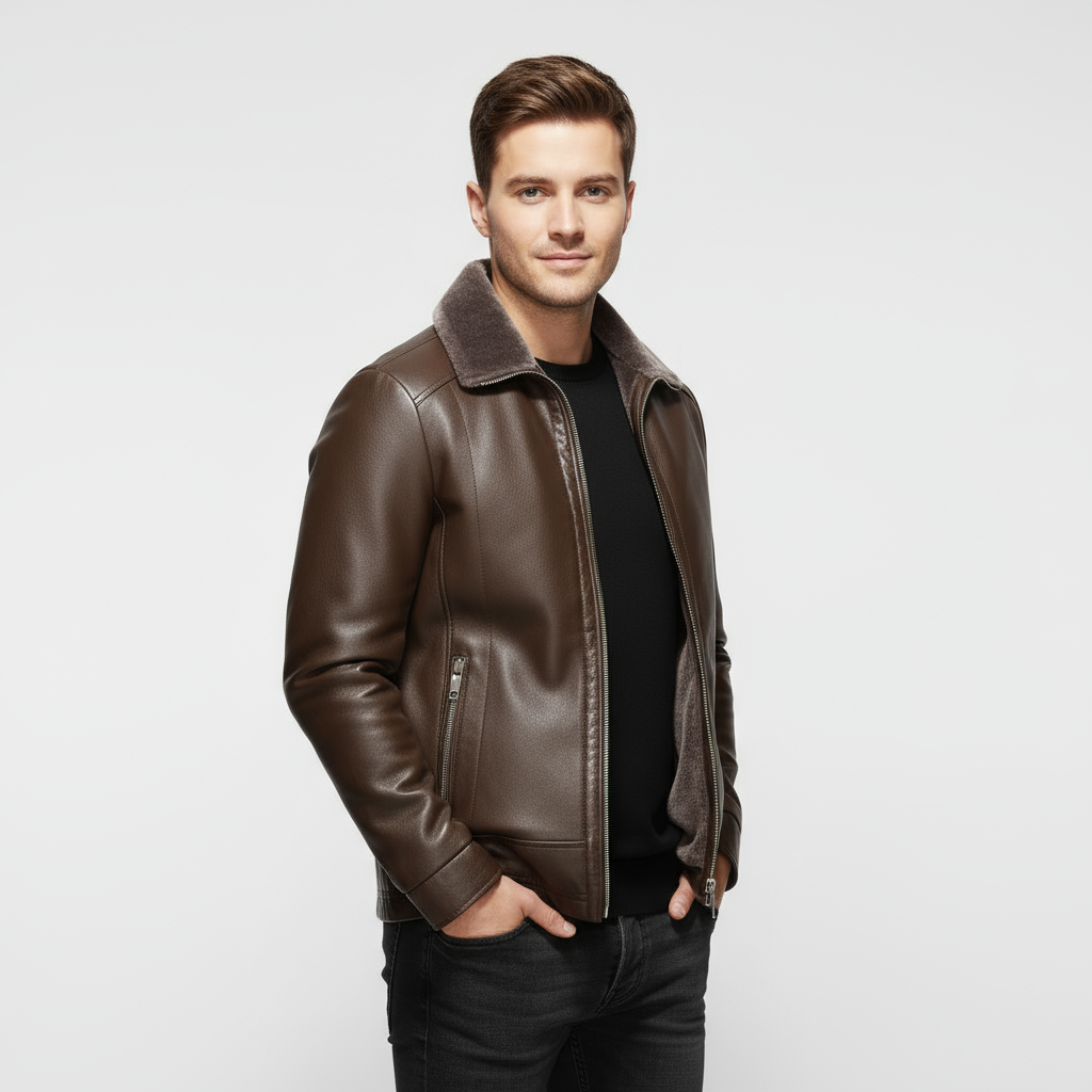 Men's Leather Biker Jacket with Fur Collar | Classic Motorcycle Outerwear for Riding and Casual Wear