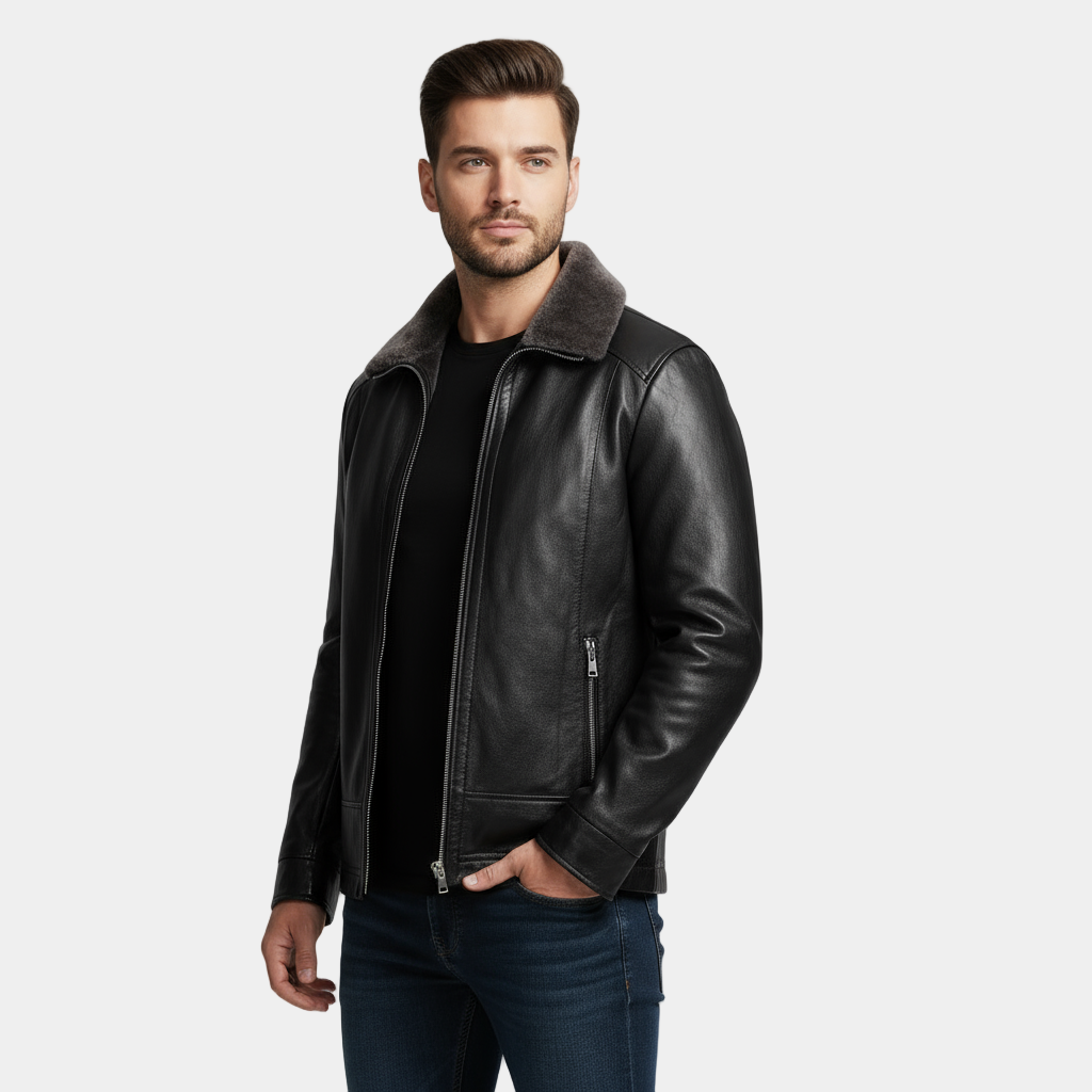 Men's Leather Biker Jacket with Fur Collar | Classic Motorcycle Outerwear for Riding and Casual Wear