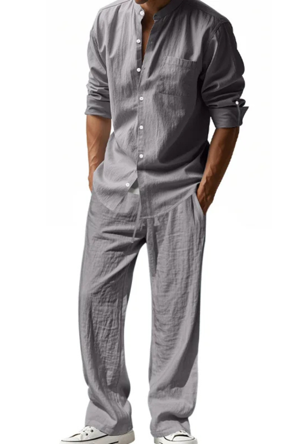 Men's Linen Grandad Collar Long Sleeve Shirt and Straight Leg Trousers Set