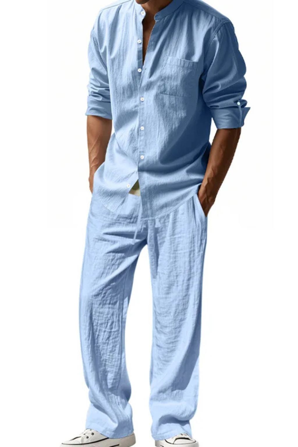 Men's Linen Grandad Collar Long Sleeve Shirt and Straight Leg Trousers Set