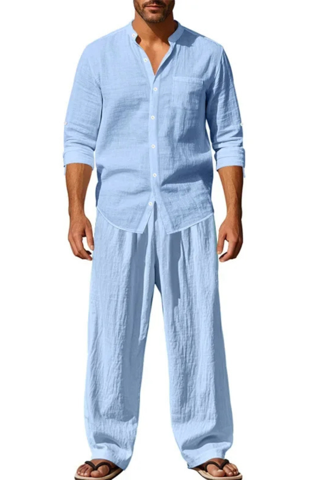 Men's Linen Grandad Collar Long Sleeve Shirt and Straight Leg Trousers Set