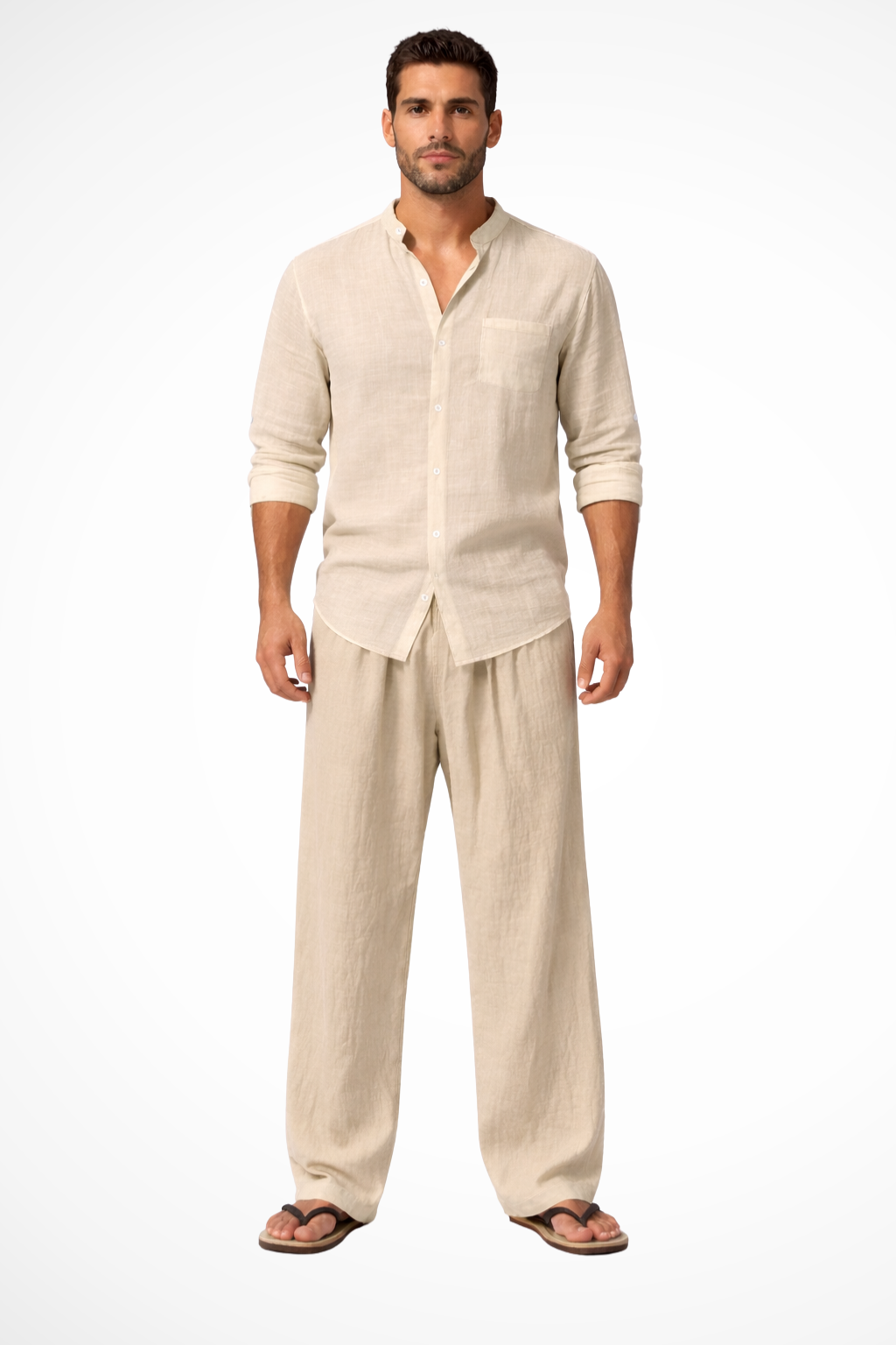 Men's Linen Grandad Collar Long Sleeve Shirt and Straight Leg Trousers Set