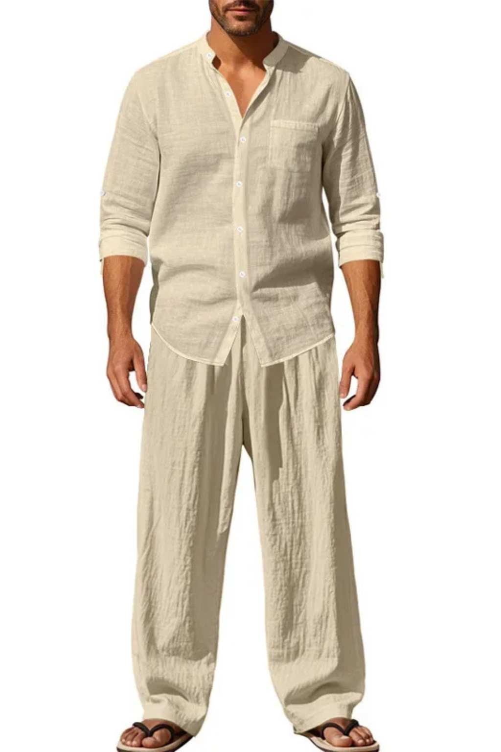 Men's Linen Grandad Collar Long Sleeve Shirt and Straight Leg Trousers Set