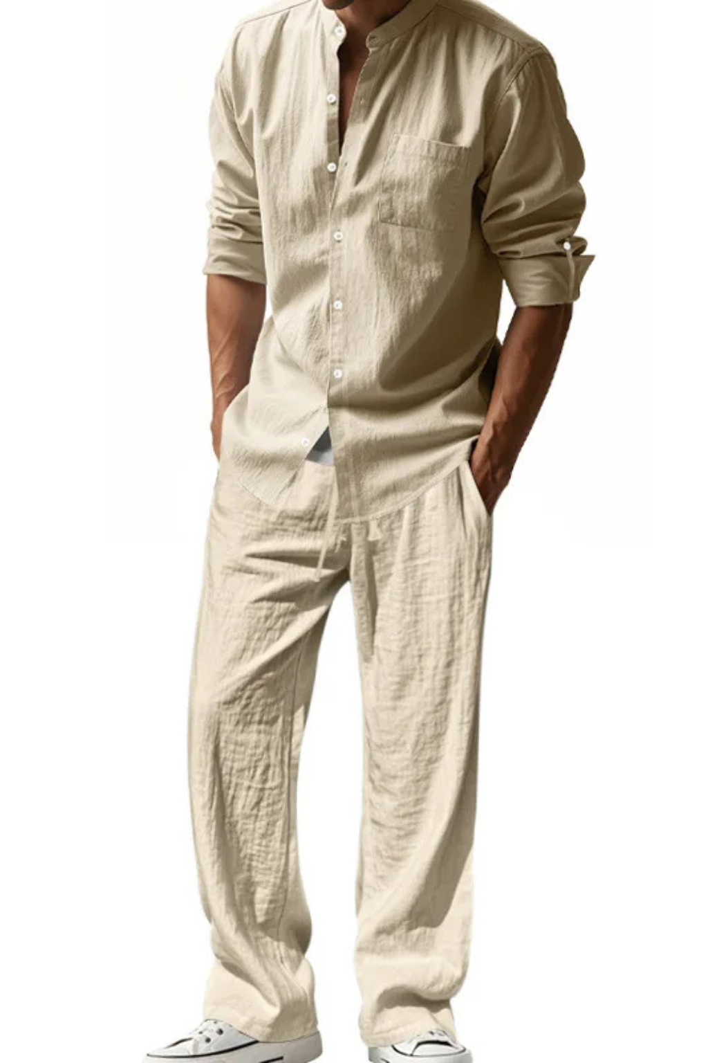 Men's Linen Grandad Collar Long Sleeve Shirt and Straight Leg Trousers Set