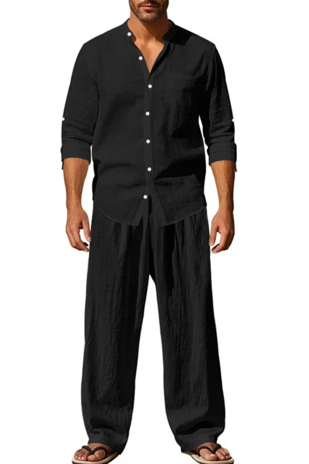 Men's Linen Grandad Collar Long Sleeve Shirt and Straight Leg Trousers Set