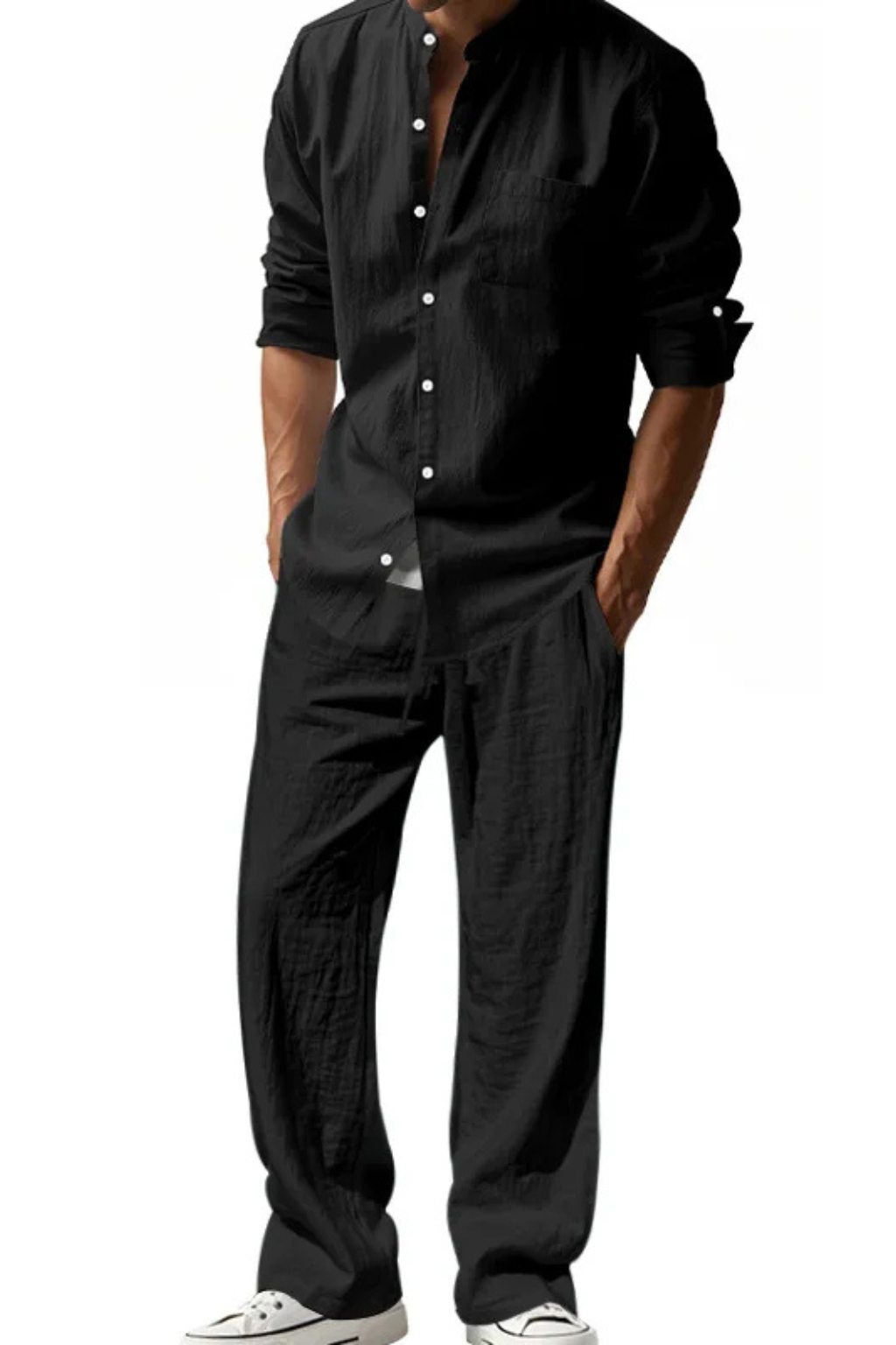 Men's Linen Grandad Collar Long Sleeve Shirt and Straight Leg Trousers Set