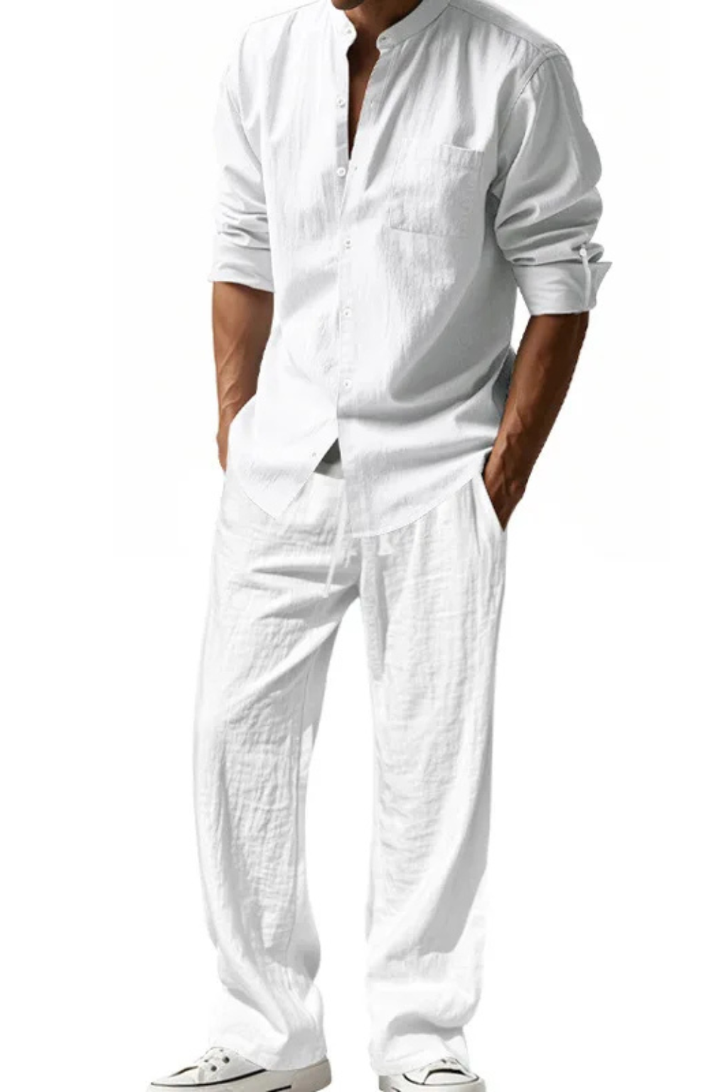 Men's Linen Grandad Collar Long Sleeve Shirt and Straight Leg Trousers Set