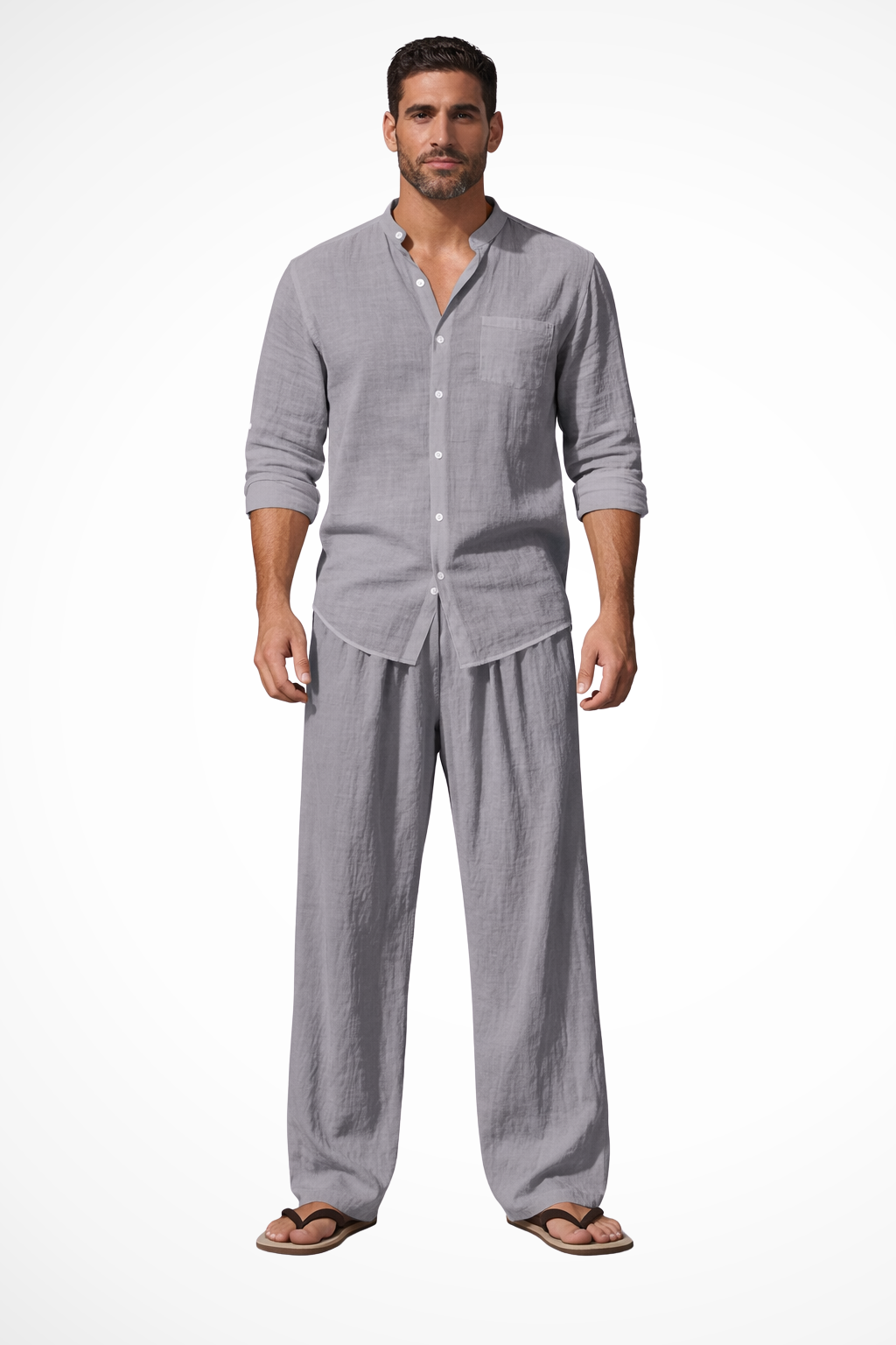 Men's Linen Grandad Collar Long Sleeve Shirt and Straight Leg Trousers Set