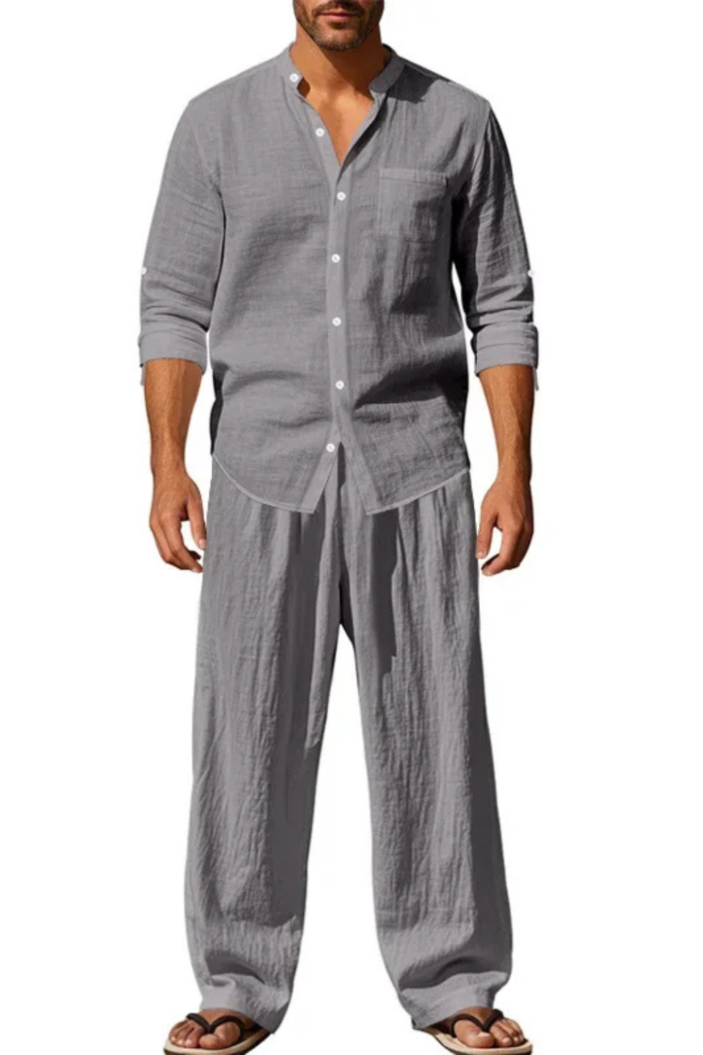 Men's Linen Grandad Collar Long Sleeve Shirt and Straight Leg Trousers Set