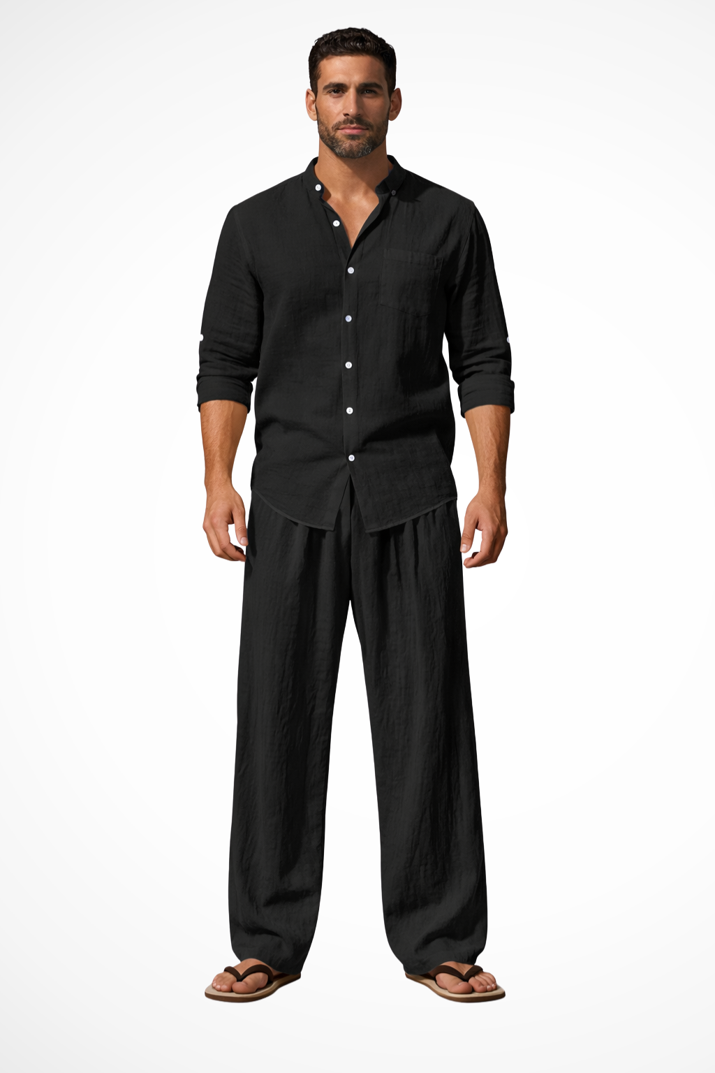 Men's Linen Grandad Collar Long Sleeve Shirt and Straight Leg Trousers Set