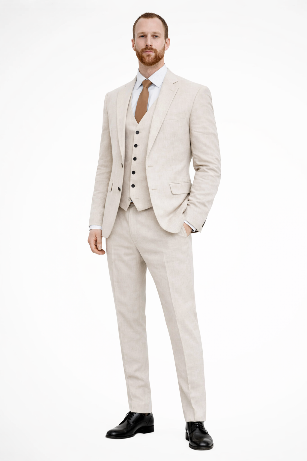 Men's Linen Three-Piece Wedding Guest Suit Set - Blazer, Trousers, Waistcoat