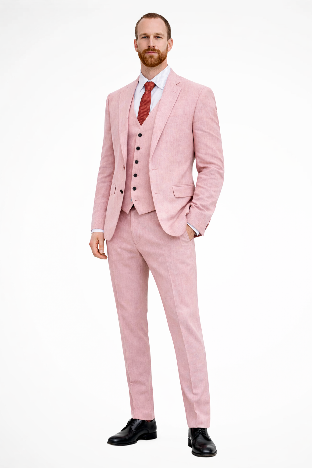 Men's Linen Three-Piece Wedding Guest Suit Set - Blazer, Trousers, Waistcoat
