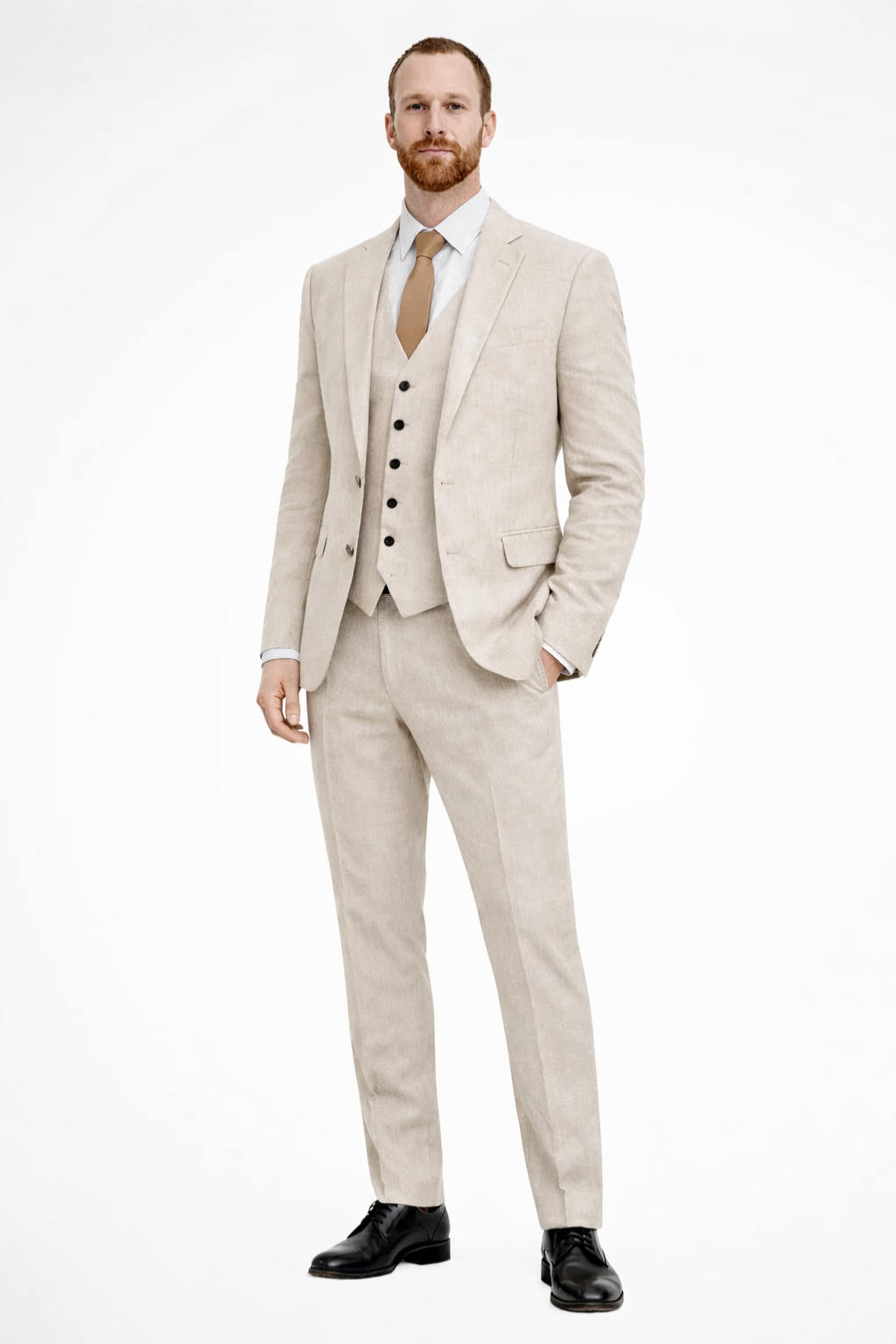 Men's Linen Three-Piece Wedding Guest Suit Set - Blazer, Trousers, Waistcoat