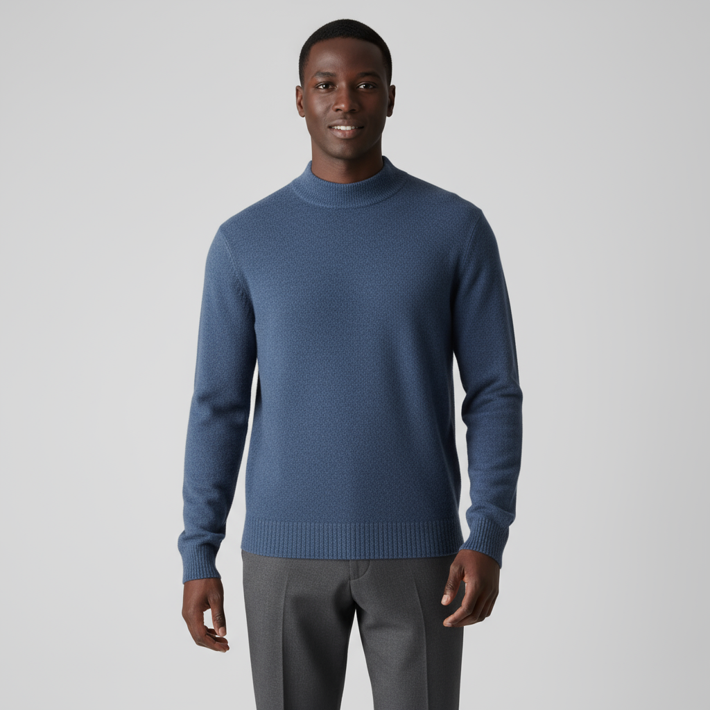 Men's Merino Wool Mock Neck Jumper with Ribbed Trims for Casual Everyday Comfort and Style