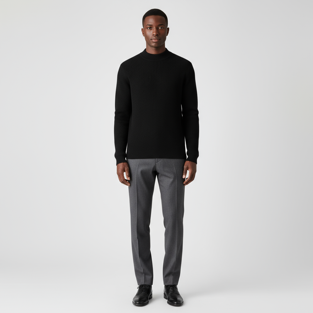 Men's Merino Wool Mock Neck Jumper with Ribbed Trims for Casual Everyday Comfort and Style