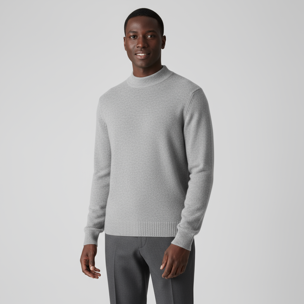 Men's Merino Wool Mock Neck Jumper with Ribbed Trims for Casual Everyday Comfort and Style