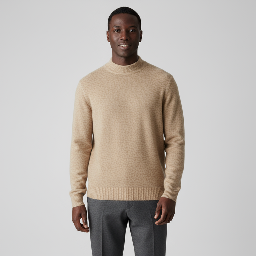 Men's Merino Wool Mock Neck Jumper with Ribbed Trims for Casual Everyday Comfort and Style