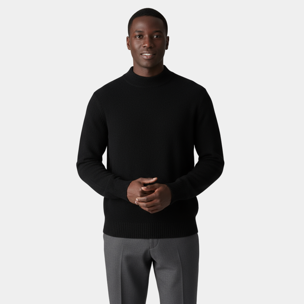 Men's Merino Wool Mock Neck Jumper with Ribbed Trims for Casual Everyday Comfort and Style