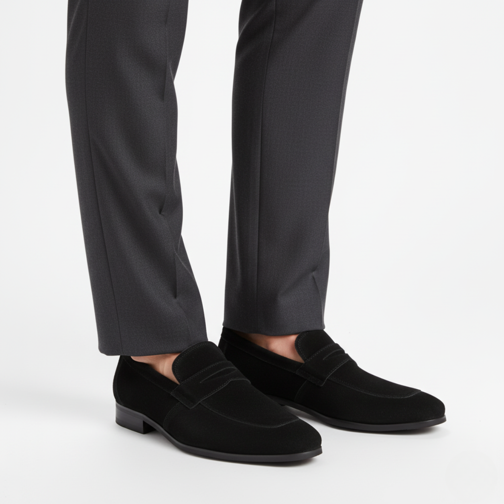 Men's Black Suede Penny Loafers - Classic Casual Footwear for Everyday Use