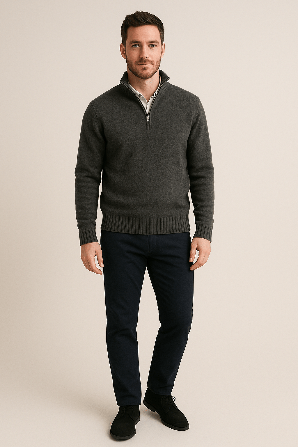 Men's Ribbed Knit Quarter-Zip Sweater with High Collar, Casual Style for Everyday Wear