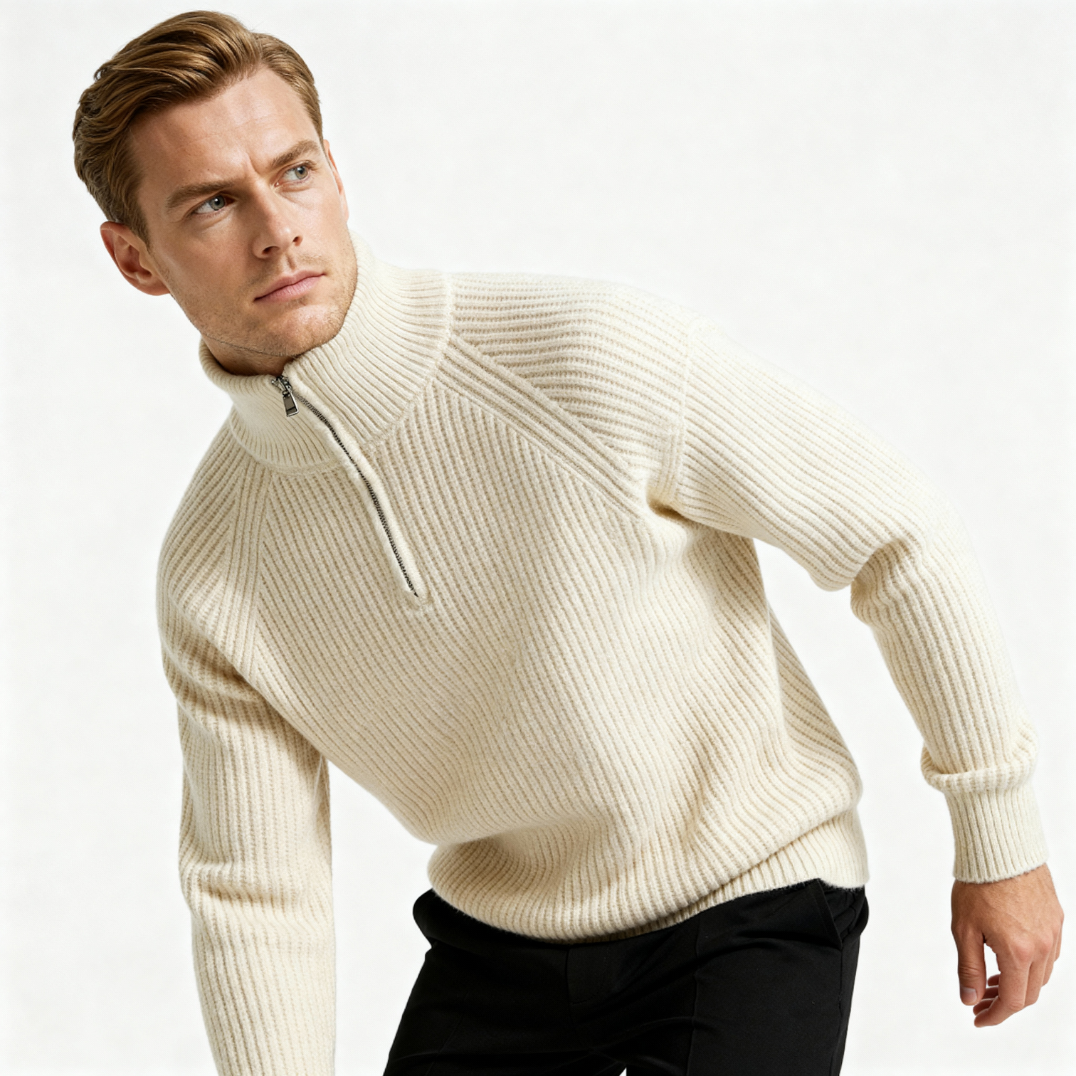 Men's Ribbed Half-Zip Sweater - Cozy Knit Pullover for Casual Layering and Everyday Wear