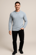Men's Slim Fit Ribbed Knit Crewneck Sweater - Comfortable Fabric for Casual Wear - Versatile Style for Everyday Use