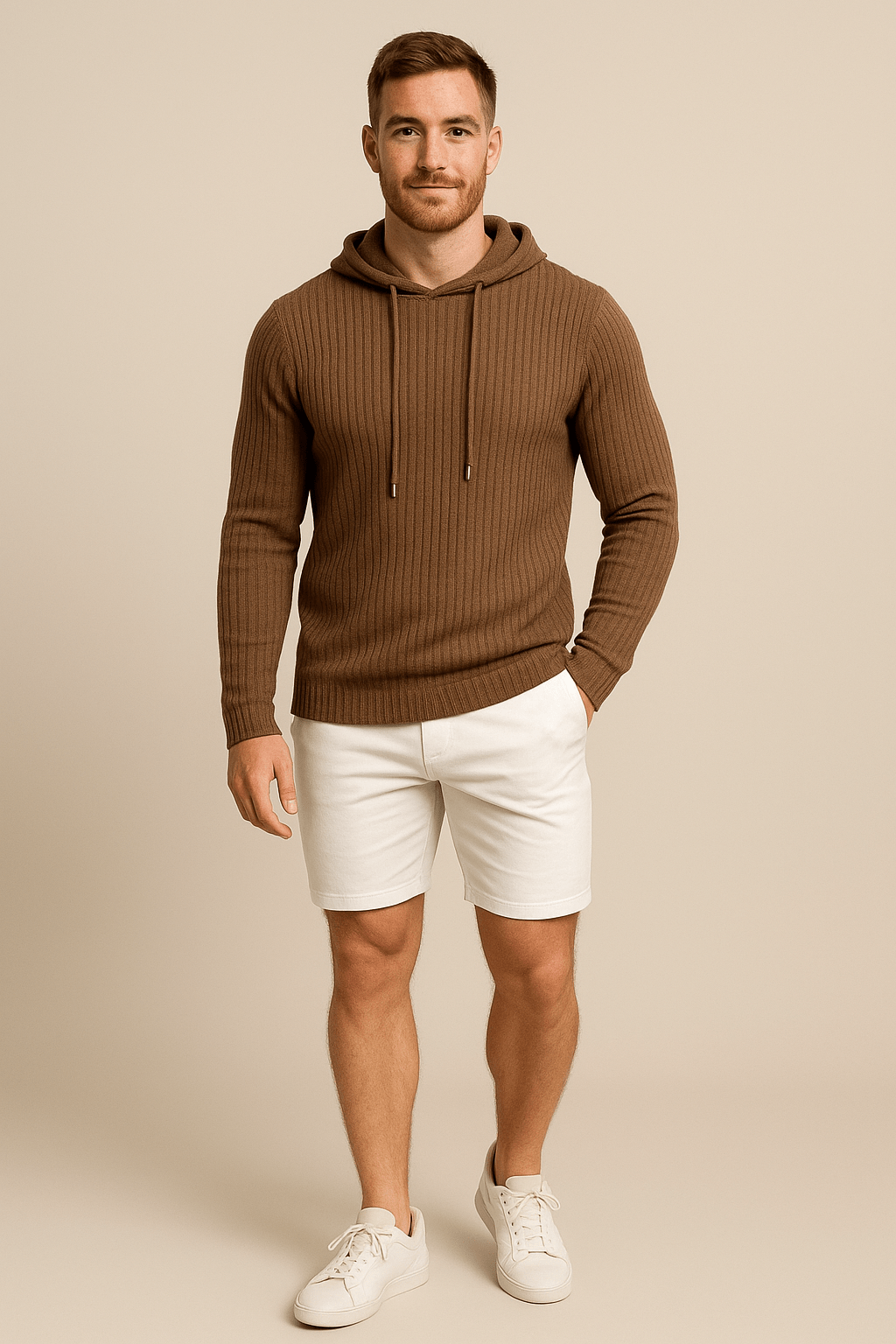 Men's Slim Fit Ribbed Knit Hoodie with Drawstring - Casual Comfortable Everyday Wear for Men