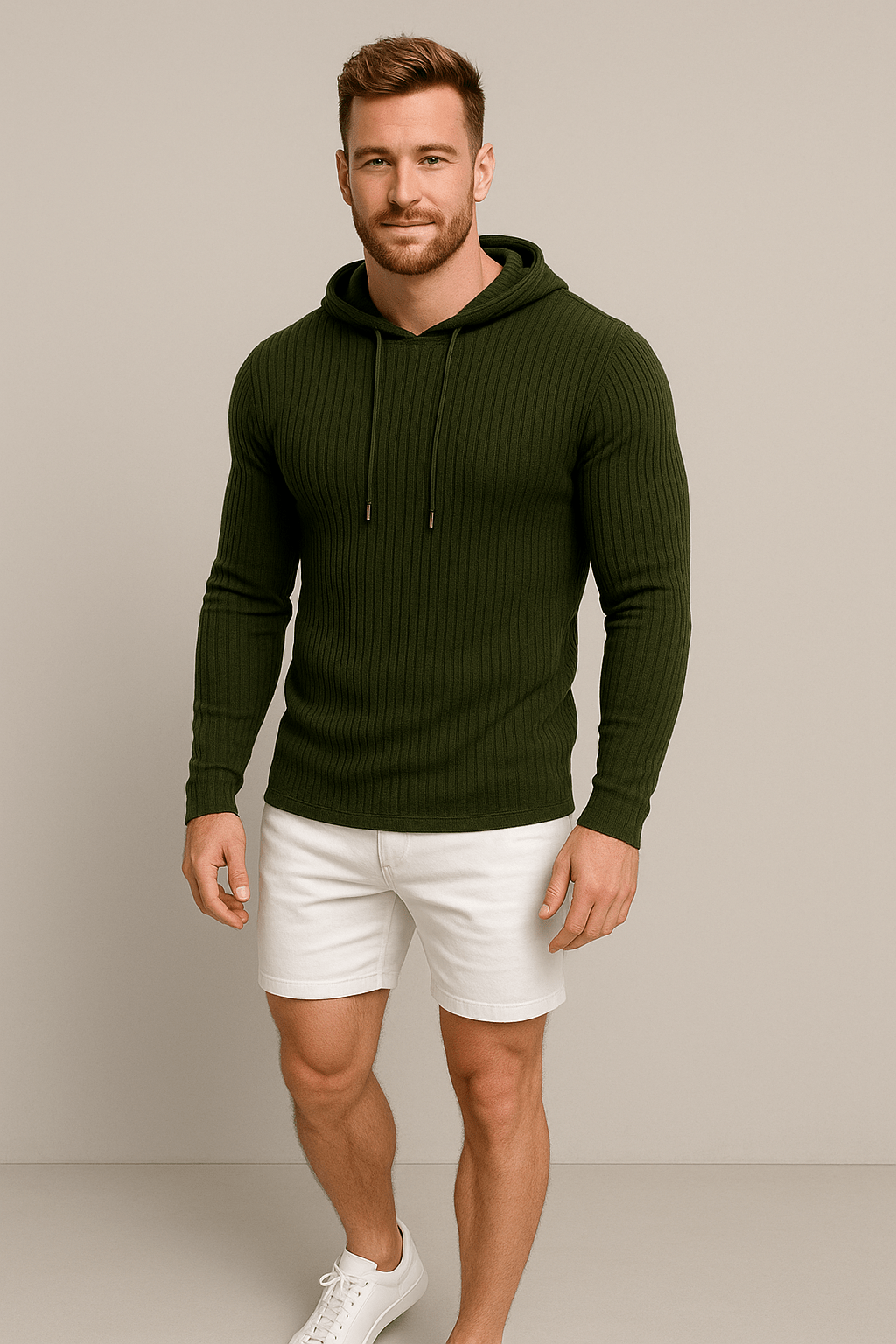 Men's Slim Fit Ribbed Knit Hoodie with Drawstring - Casual Comfortable Everyday Wear for Men