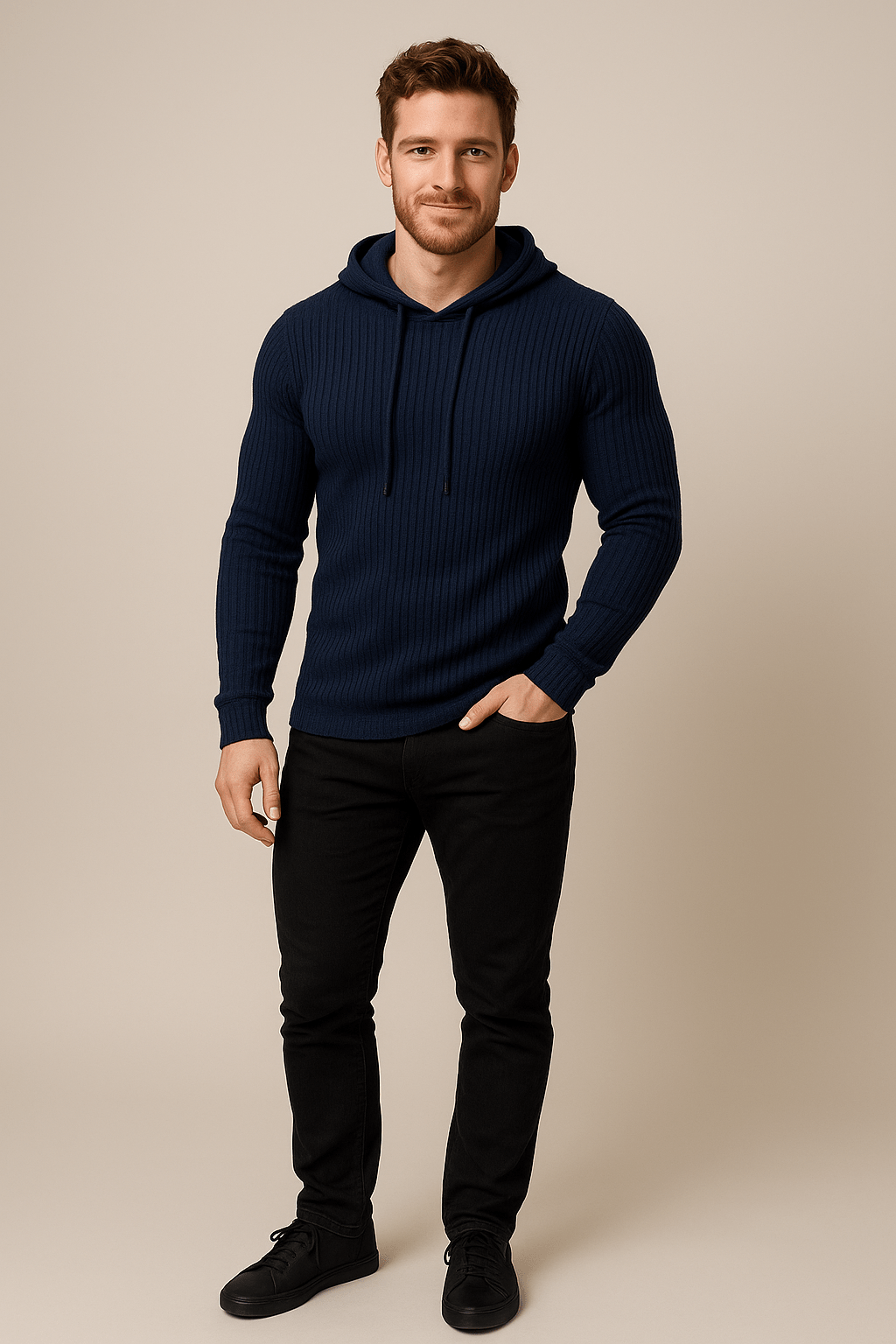 Men's Slim Fit Ribbed Knit Hoodie with Drawstring - Casual Comfortable Everyday Wear for Men