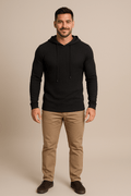 Men's Slim Fit Ribbed Knit Hoodie with Drawstring - Casual Comfortable Everyday Wear for Men