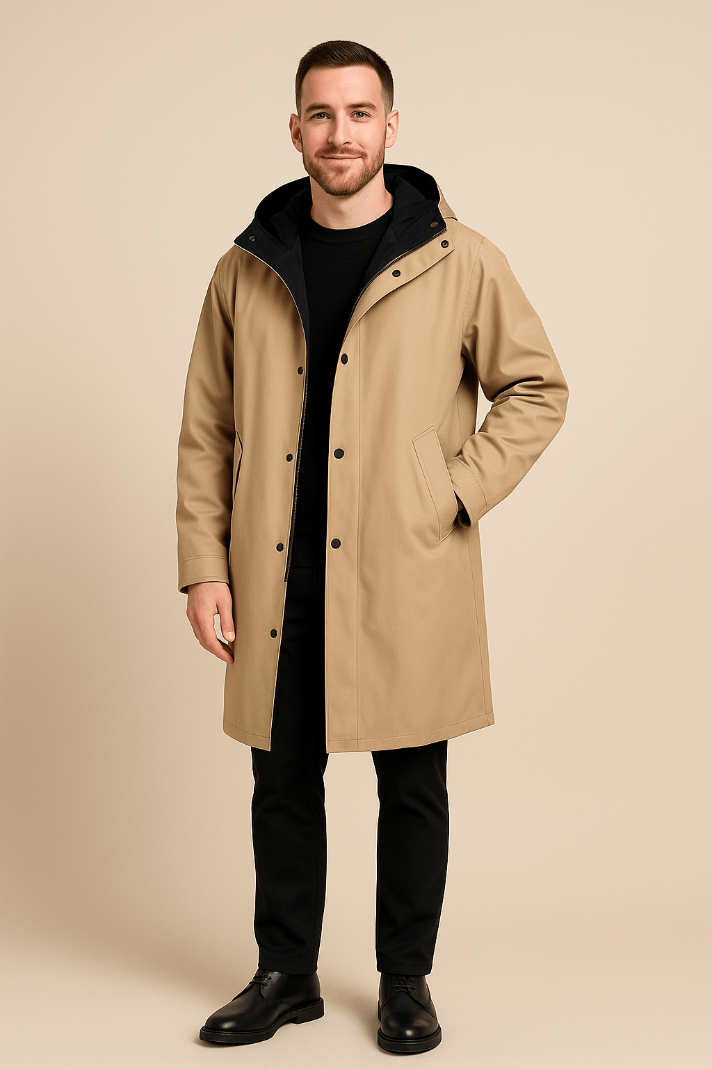 Men's Two-Tone Hooded Long Coat - Relaxed Fit Casual Outerwear for Everyday Use