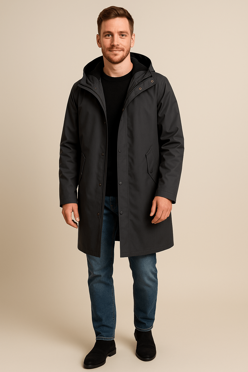 Men's Two-Tone Hooded Long Coat - Relaxed Fit Casual Outerwear for Everyday Use