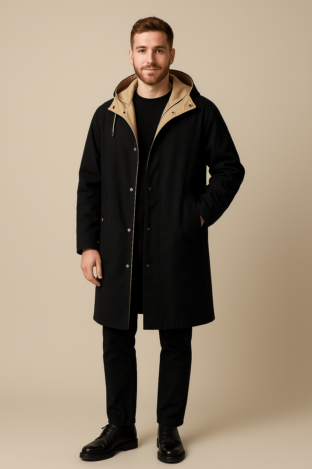 Men's Two-Tone Hooded Long Coat - Relaxed Fit Casual Outerwear for Everyday Use