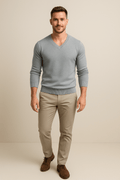 Men's V-Neck Slim Fit Sweater - Knitted Cotton Blend - Casual Wear - Comfortable Lightweight Design