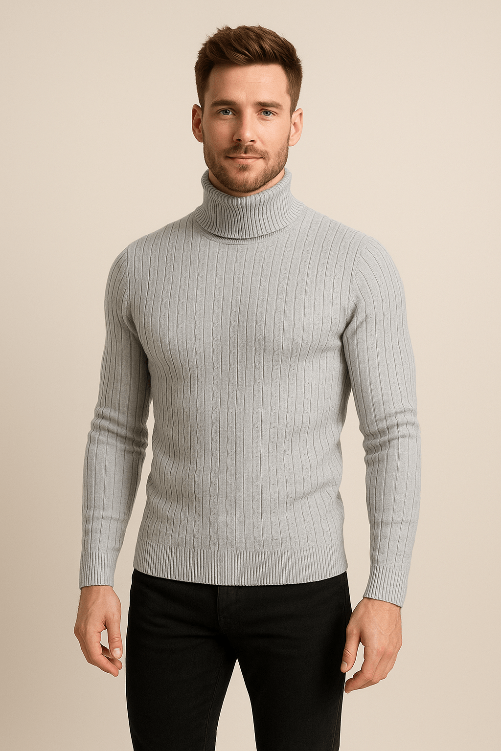 Men's Wool Turtleneck Sweater - Cable Knit Design, Slim Fit for Casual or Formal Wear