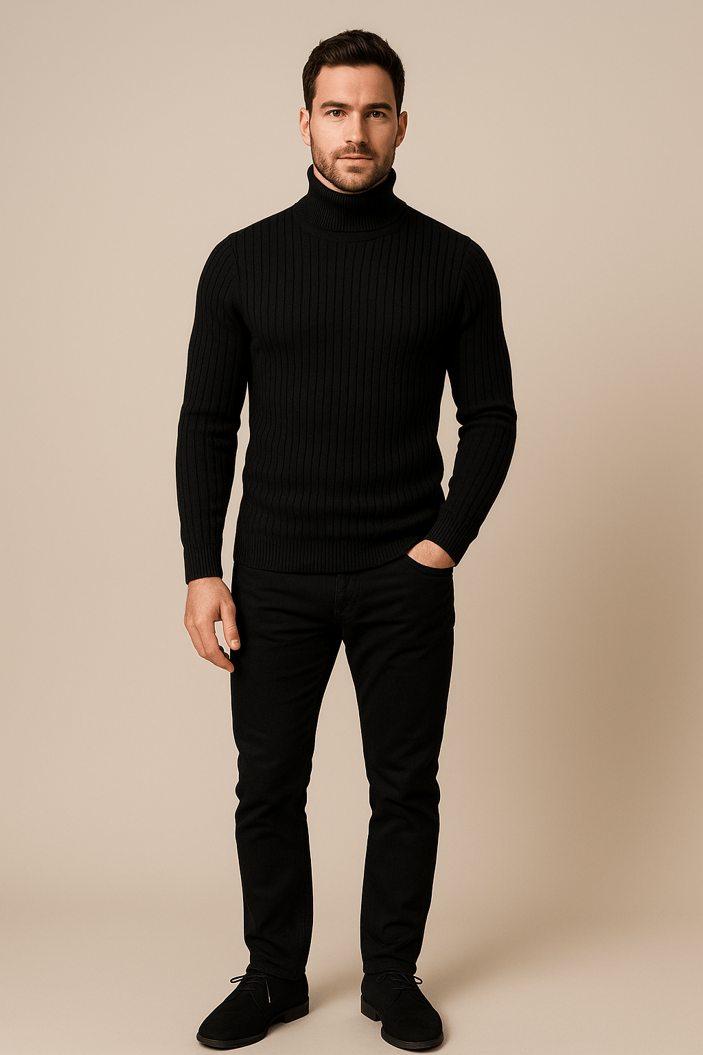 Men's Wool Turtleneck Sweater - Cable Knit Design, Slim Fit for Casual or Formal Wear