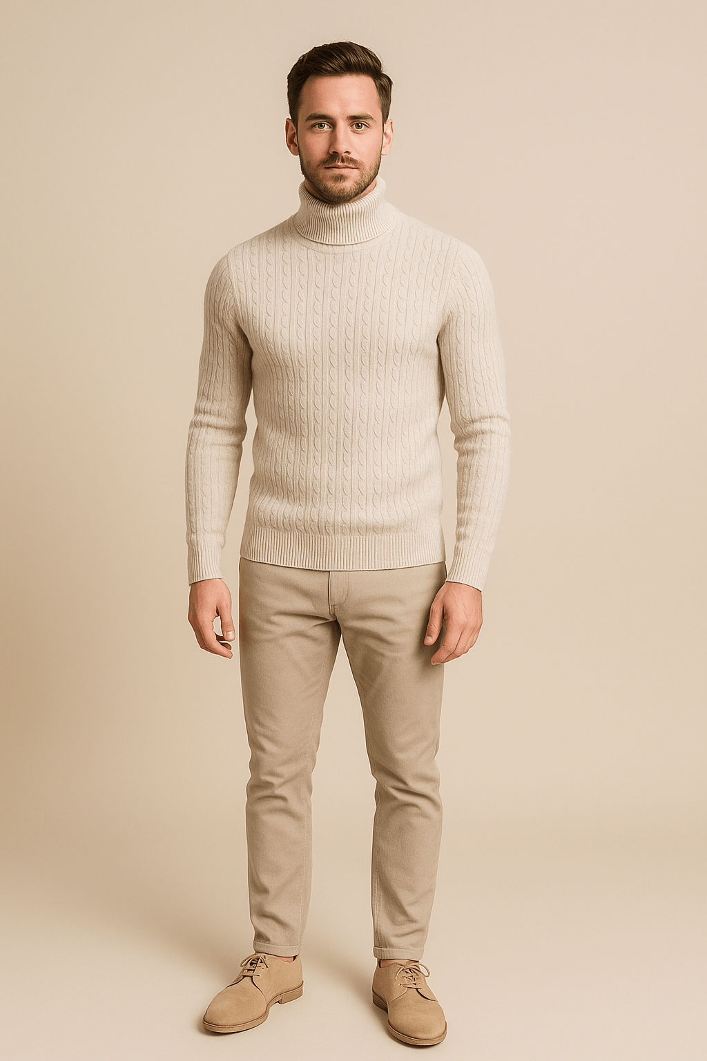 Men's Wool Turtleneck Sweater - Cable Knit Design, Slim Fit for Casual or Formal Wear