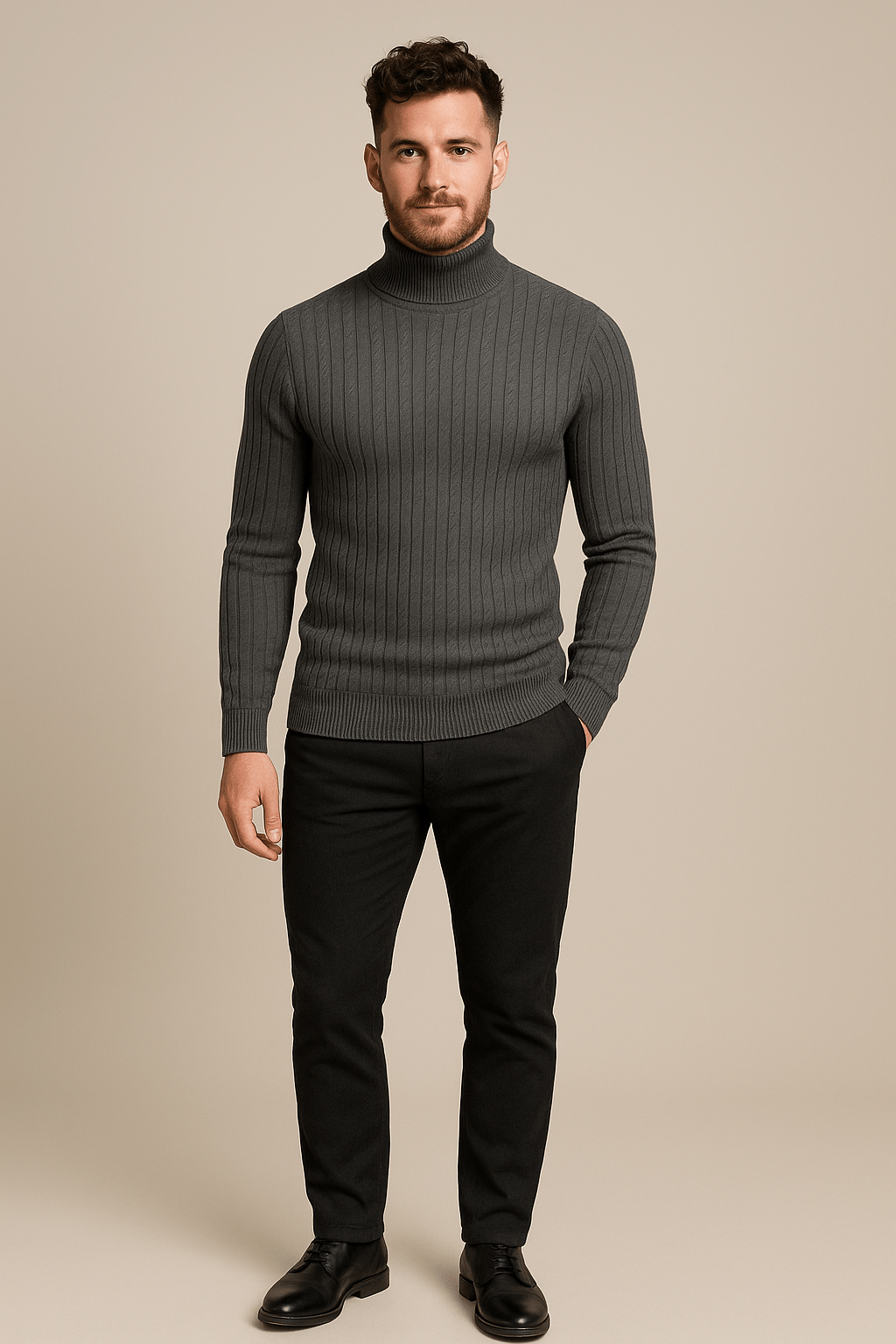 Men's Wool Turtleneck Sweater - Cable Knit Design, Slim Fit for Casual or Formal Wear