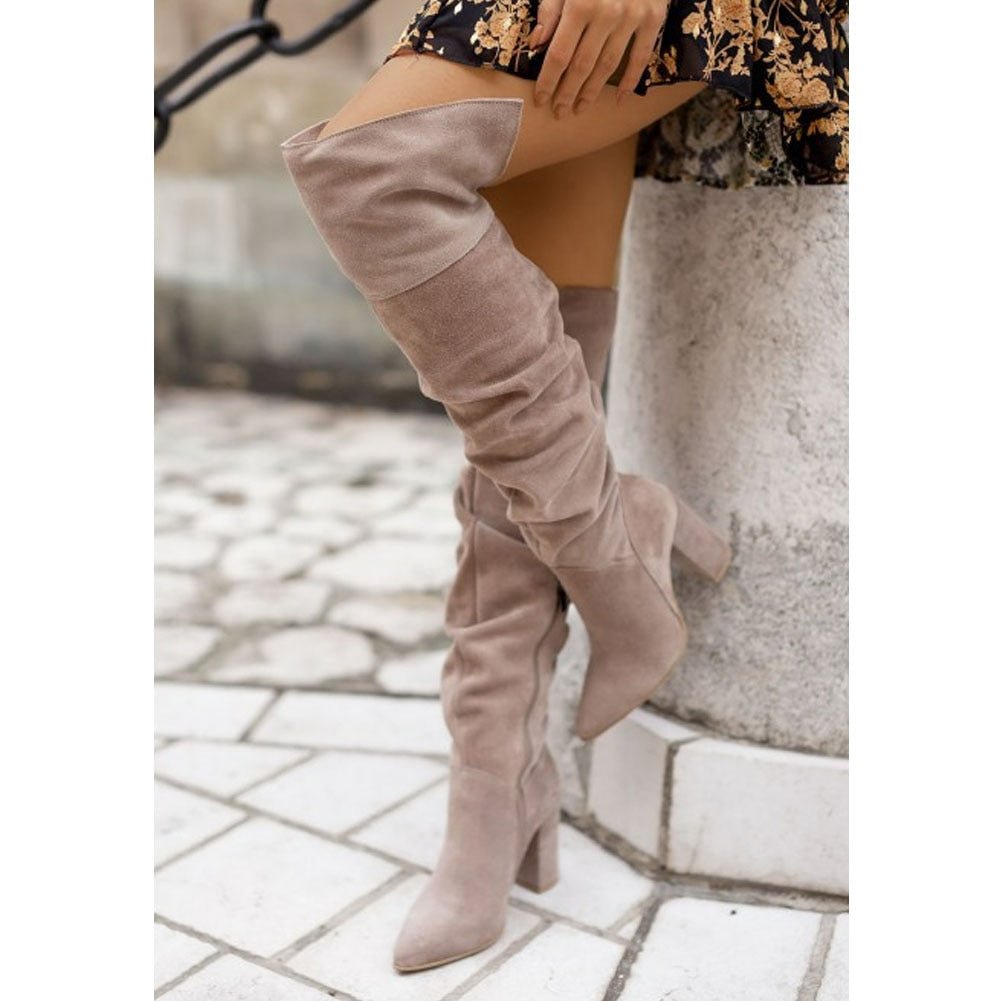 Ruched Overknee Block Heel Boots - Faux Leather, Stylish Design for Casual or Dressy Wear, Women's Footwear