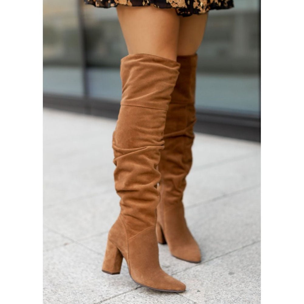 Ruched Overknee Block Heel Boots - Faux Leather, Stylish Design for Casual or Dressy Wear, Women's Footwear