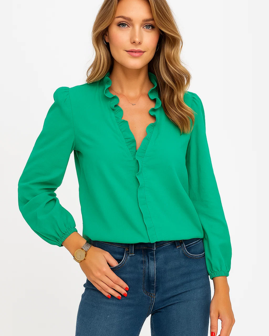 Ruffled Long Sleeve Blouse for Women - Lightweight Fabric, Casual Wear