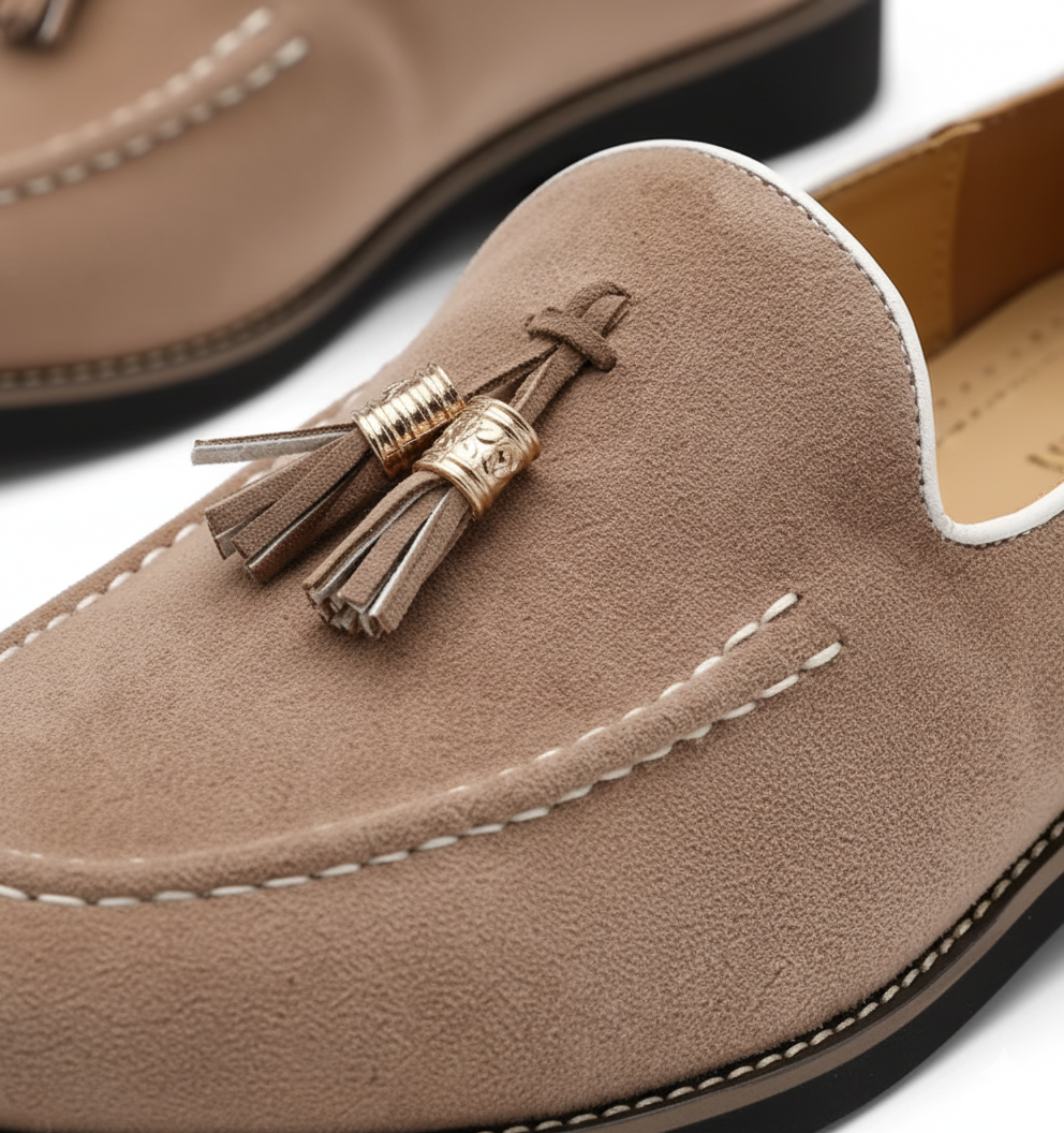 Taupe Suede Loafers for Men - Casual Tassel Design for Everyday Wear