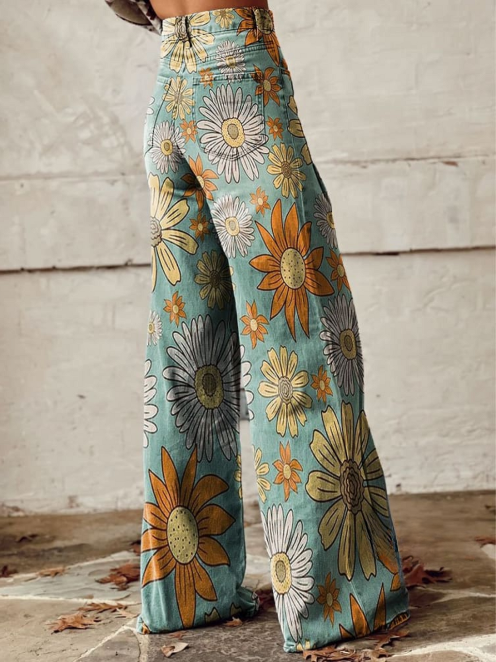 Wide Leg Floral Print Jeans for Women | Cotton Denim Casual Pants for Everyday Wear