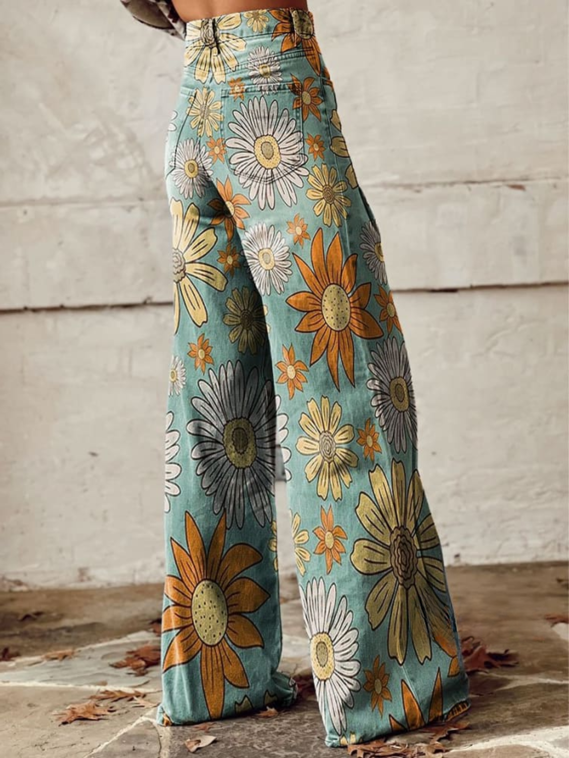 Wide Leg Floral Print Jeans for Women | Cotton Denim Casual Pants for Everyday Wear