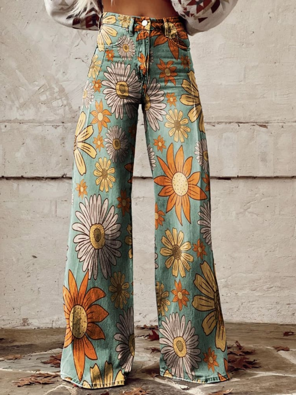 Wide Leg Floral Print Jeans for Women | Cotton Denim Casual Pants for Everyday Wear