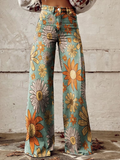Wide Leg Floral Print Jeans for Women | Cotton Denim Casual Pants for Everyday Wear