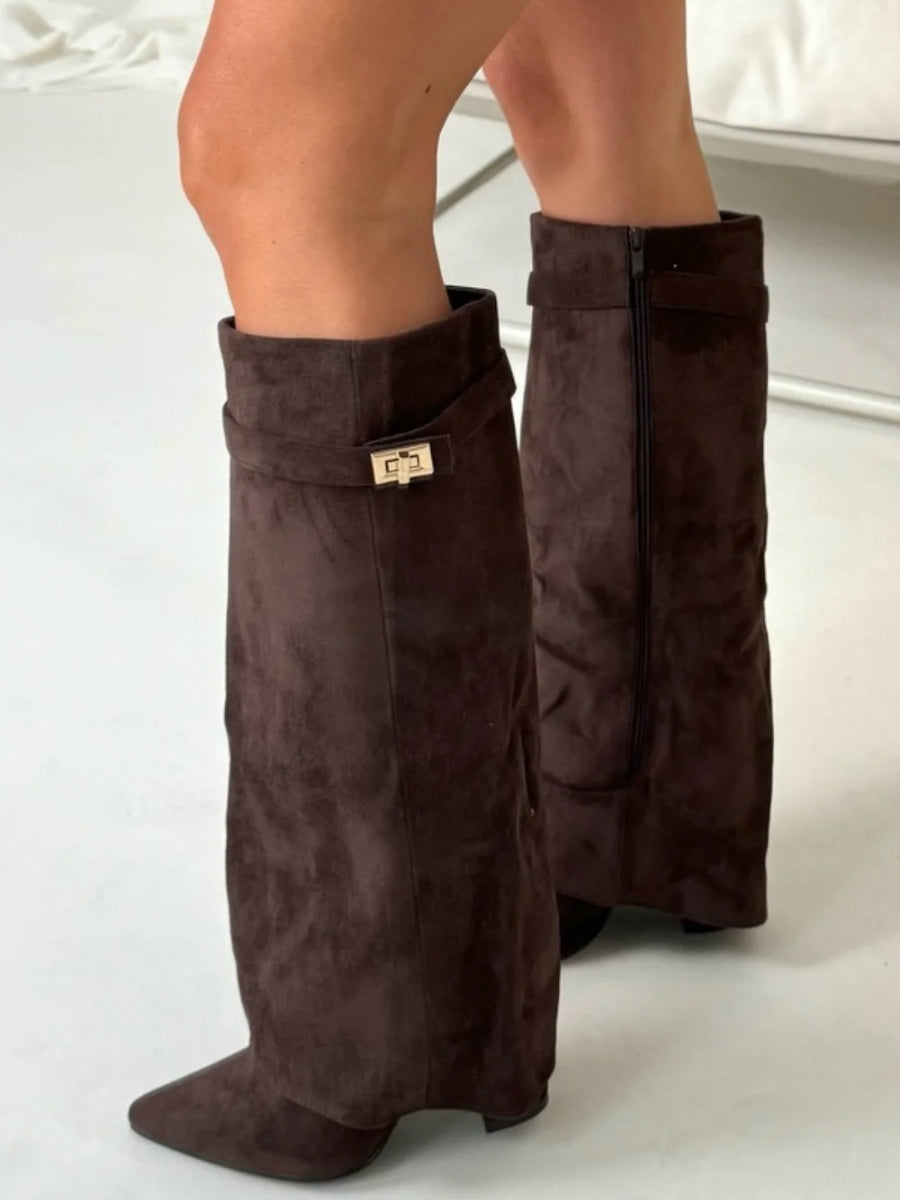 Wide Leg Leather Heeled Boots | Folded Design | Versatile Footwear for Casual or Dressy Occasions