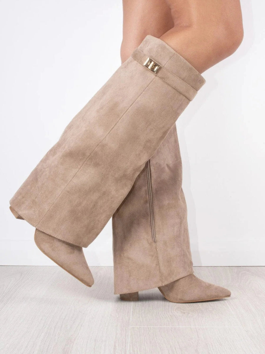 Wide Leg Leather Heeled Boots | Folded Design | Versatile Footwear for Casual or Dressy Occasions