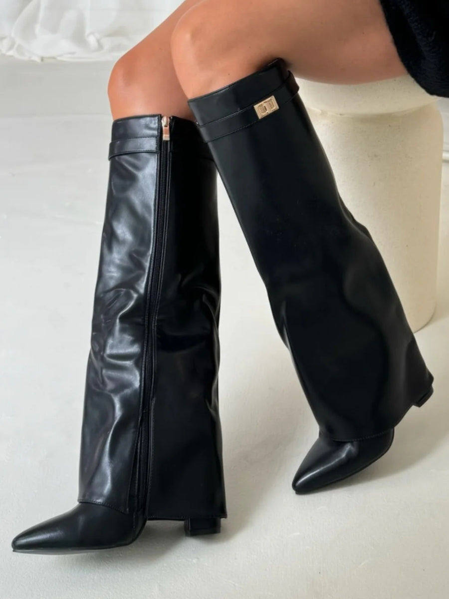 Wide Leg Leather Heeled Boots | Folded Design | Versatile Footwear for Casual or Dressy Occasions